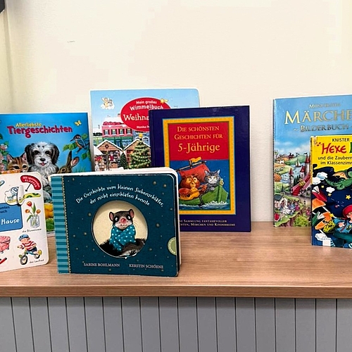 Eine Nahaufnahme zeigt einen hölzernen Tisch, auf dem zahlreiche bunte Kinderbücher in verschiedenen Größen und Formaten ordentlich aufgestapelt und ausgelegt sind.